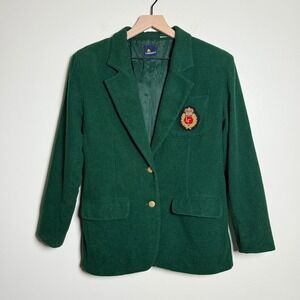 Lizsport Womens Forest Green Wool Blend Crest Blazer Gold Buttons Size 4